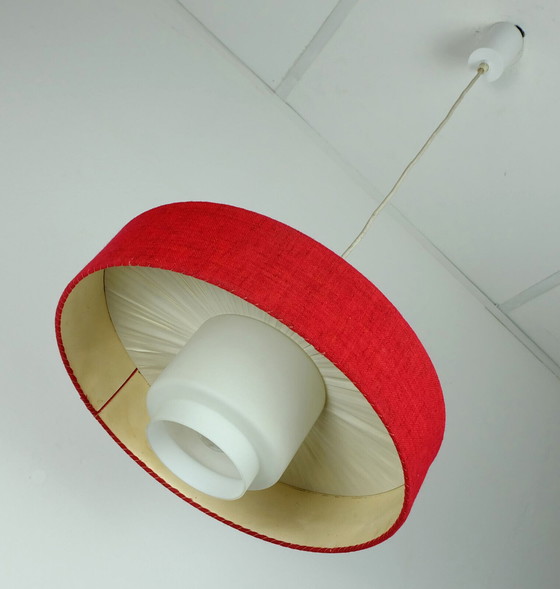 Image 1 of mid century modern pendant lamp white glass shade red fabric 1960s