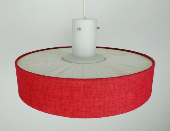 Image 1 of mid century modern pendant lamp white glass shade red fabric 1960s