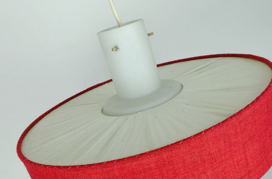 Image 1 of mid century modern pendant lamp white glass shade red fabric 1960s