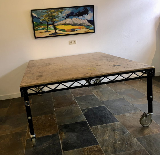 Image 1 of Wooden work table with metal frame, mobile and height-adjustable