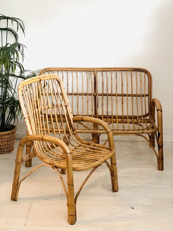 Image 1 of Vintage rattan bench + 3x chair