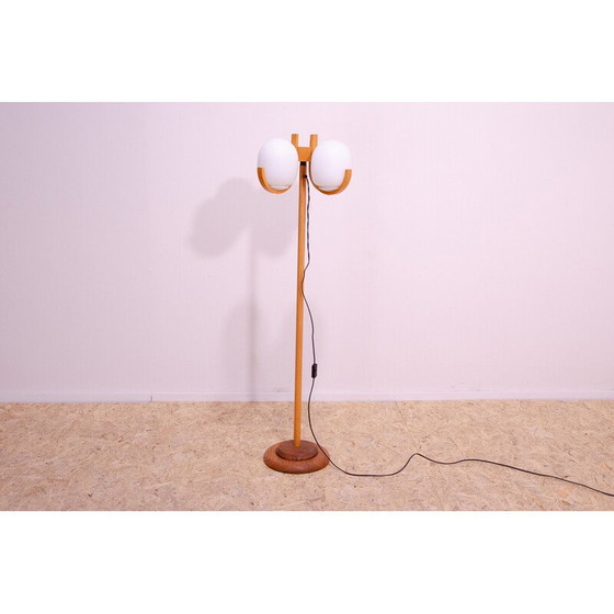 Image 1 of Vintage hotel floor lamp in opaque white glass and beech, Czechoslovakia 1970