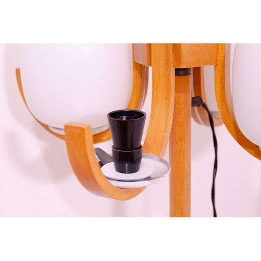 Vintage hotel floor lamp in opaque white glass and beech, Czechoslovakia 1970