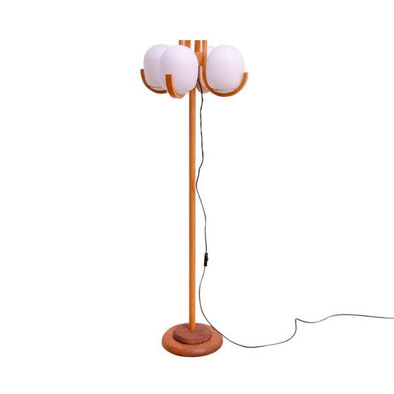 Image 1 of Vintage hotel floor lamp in opaque white glass and beech, Czechoslovakia 1970