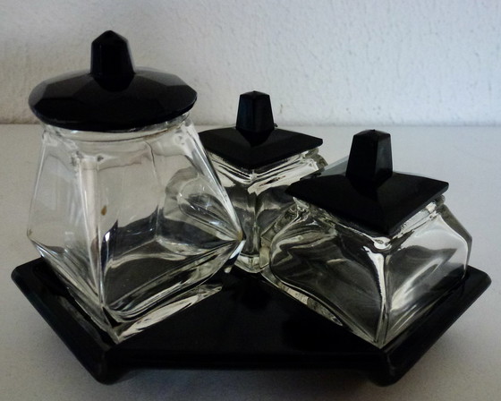 Image 1 of Art Deco Glass Menage Set, Pepper - Salt - Mustard.