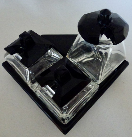 Image 1 of Art Deco Glass Menage Set, Pepper - Salt - Mustard.