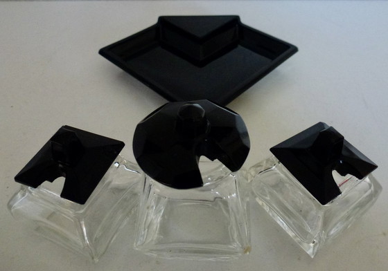 Image 1 of Art Deco Glass Menage Set, Pepper - Salt - Mustard.