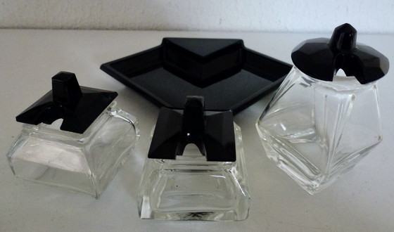 Image 1 of Art Deco Glass Menage Set, Pepper - Salt - Mustard.