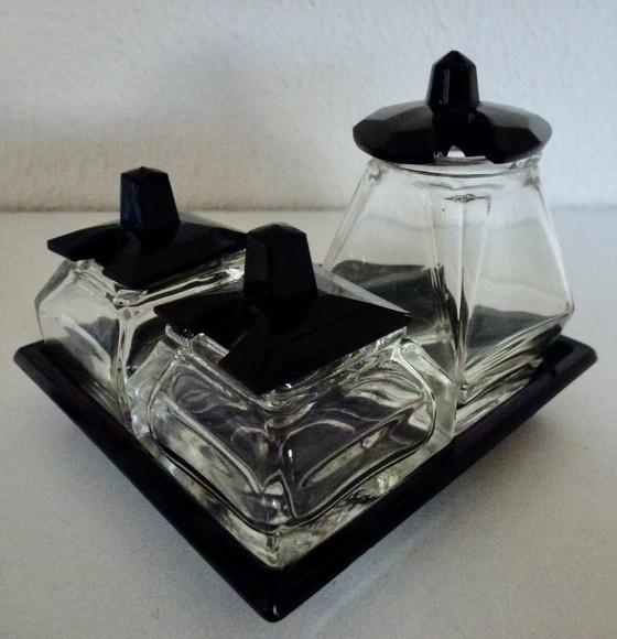 Image 1 of Art Deco Glass Menage Set, Pepper - Salt - Mustard.