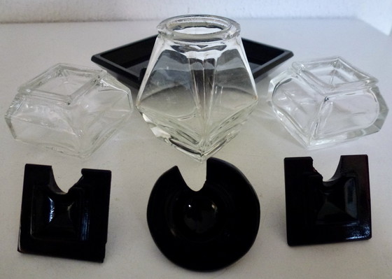 Image 1 of Art Deco Glass Menage Set, Pepper - Salt - Mustard.