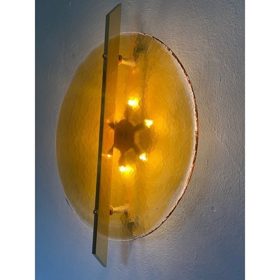 Image 1 of Italian Wall Light In Amber Murano Glass Disc And Brass Metal Frame