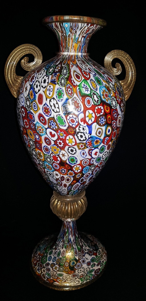 Large Murano Glass Millefiori Vase With Gold Leaves Signed 