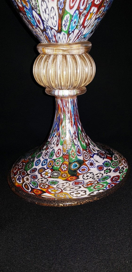 Image 1 of Large Murano Glass Millefiori Vase With Gold Leaves Signed 