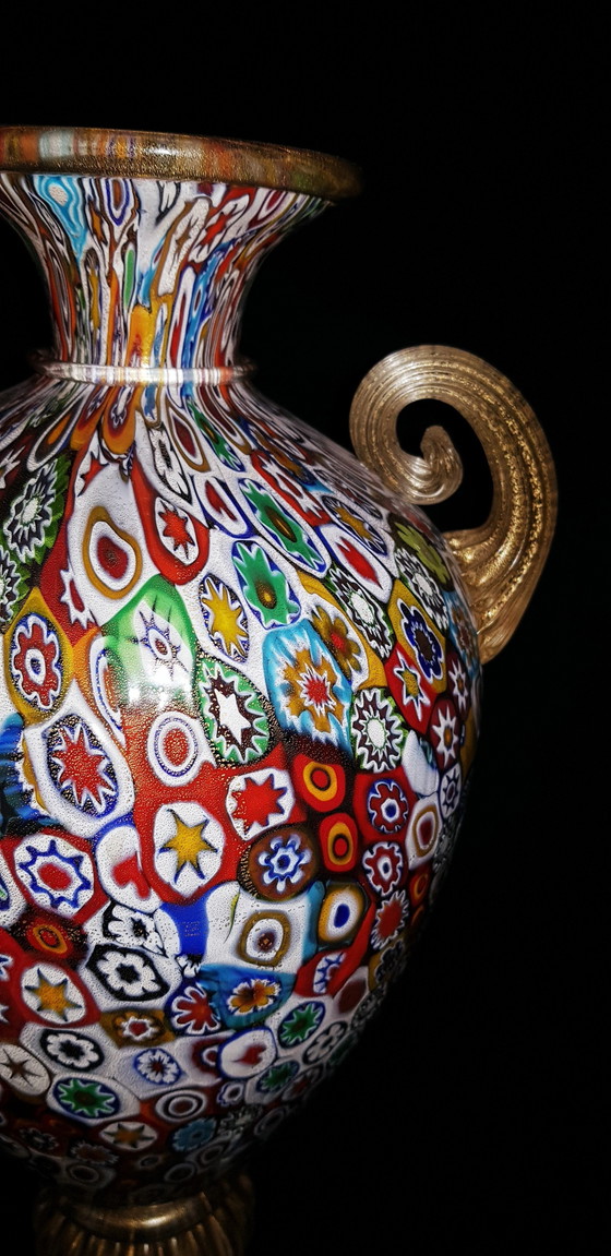 Image 1 of Large Murano Glass Millefiori Vase With Gold Leaves Signed 