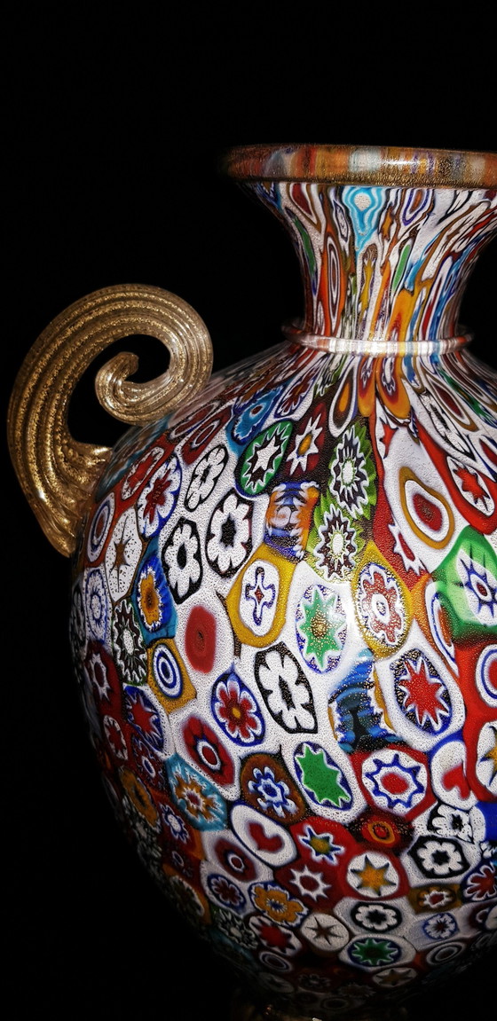 Image 1 of Large Murano Glass Millefiori Vase With Gold Leaves Signed 