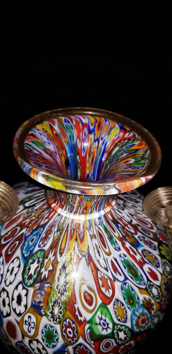 Image 1 of Large Murano Glass Millefiori Vase With Gold Leaves Signed 