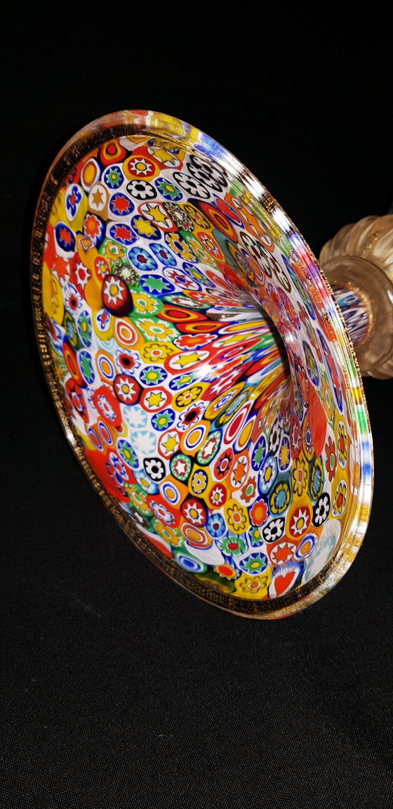 Image 1 of Large Murano Glass Millefiori Vase With Gold Leaves Signed 