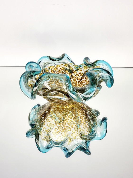 Image 1 of Murano Bowl Ercole Barovier, Organic Shape Clear Murano Glass With 24 Carat Gold Leaf, Italy