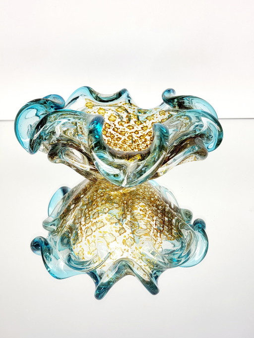 Murano Bowl Ercole Barovier, Organic Shape Clear Murano Glass With 24 Carat Gold Leaf, Italy