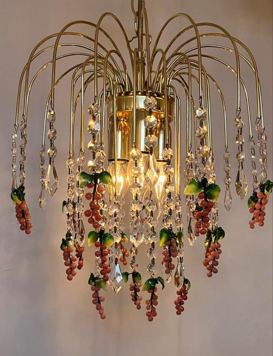 Image 1 of Set of 2 pink Venetian glass grape chandeliers pendant lights