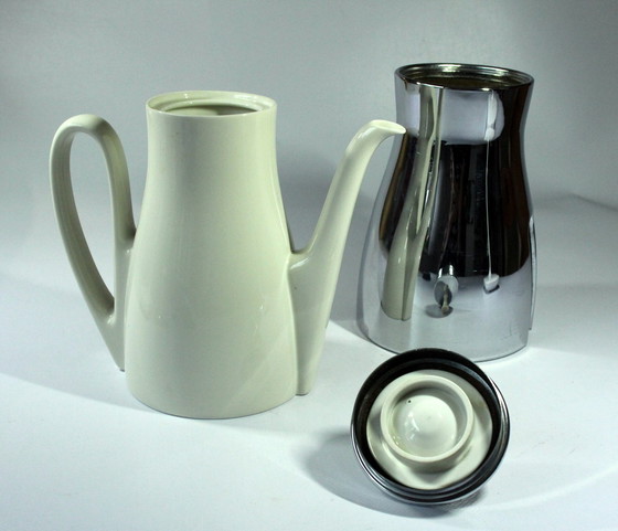 Image 1 of Sus Coffee Pot Ceramic With Metal Warming Cap As Set With Milk Jug And Sugar Bowl