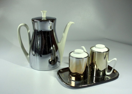 Sus Coffee Pot Ceramic With Metal Warming Cap As Set With Milk Jug And Sugar Bowl