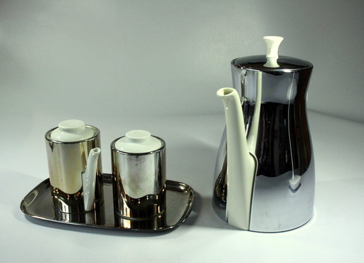 Sus Coffee Pot Ceramic With Metal Warming Cap As Set With Milk Jug And Sugar Bowl