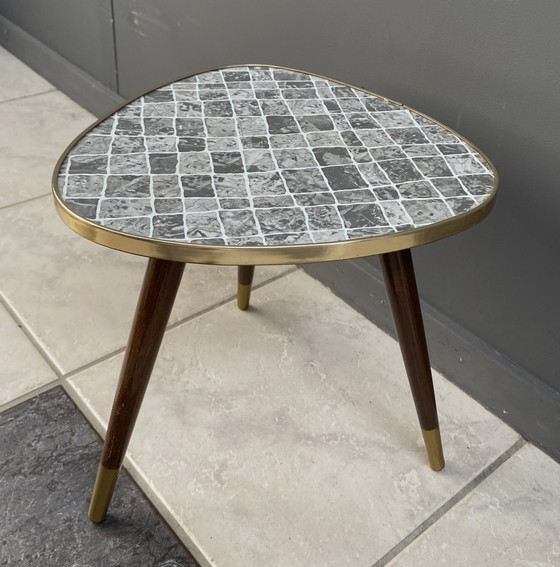 Image 1 of small triangle flowertable in grey stone print formica 1960s