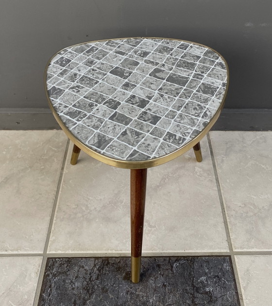 Image 1 of small triangle flowertable in grey stone print formica 1960s