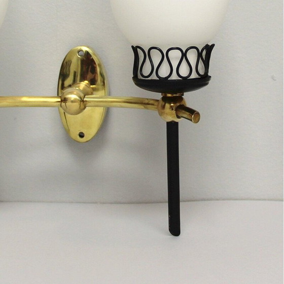 Image 1 of Pair of vintage sconces in brass and opal glass, Italy 1950