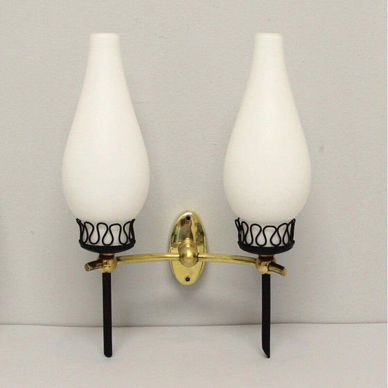 Image 1 of Pair of vintage sconces in brass and opal glass, Italy 1950