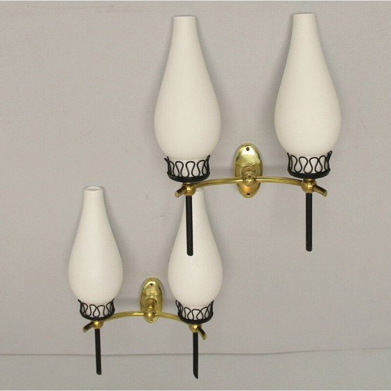 Image 1 of Pair of vintage sconces in brass and opal glass, Italy 1950