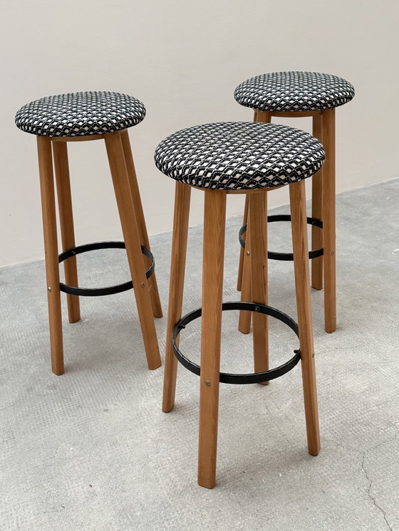 Image 1 of 3X bar stool set ash wood solid wrought iron, Germany 1970s