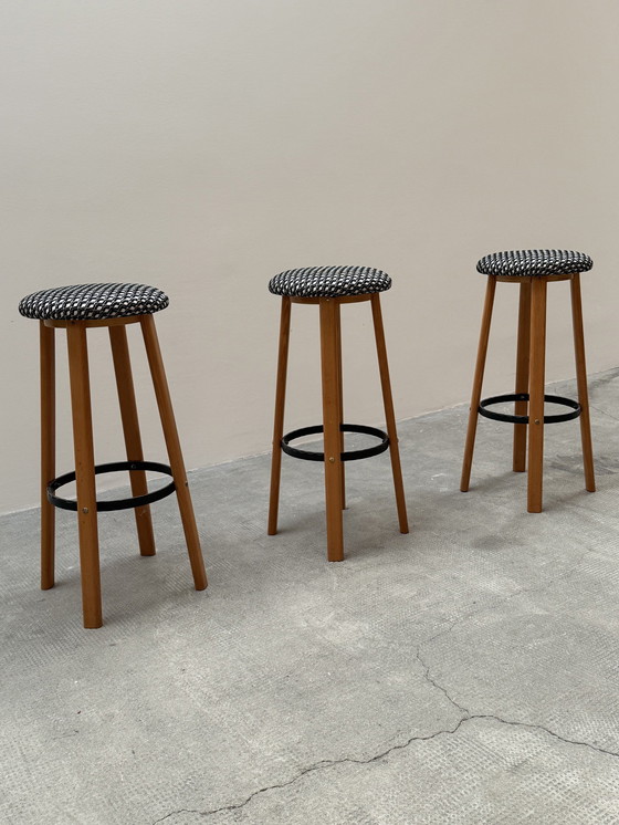 Image 1 of 3X bar stool set ash wood solid wrought iron, Germany 1970s