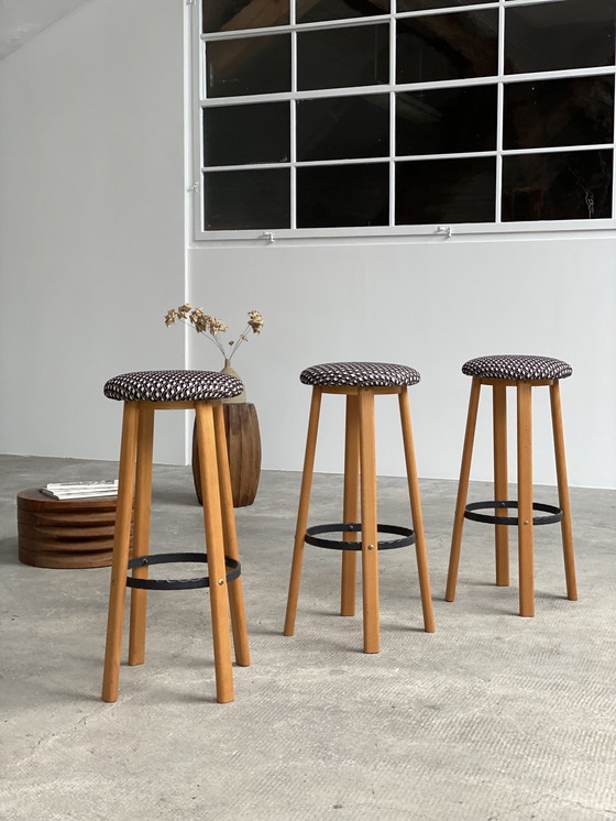 Image 1 of 3X bar stool set ash wood solid wrought iron, Germany 1970s