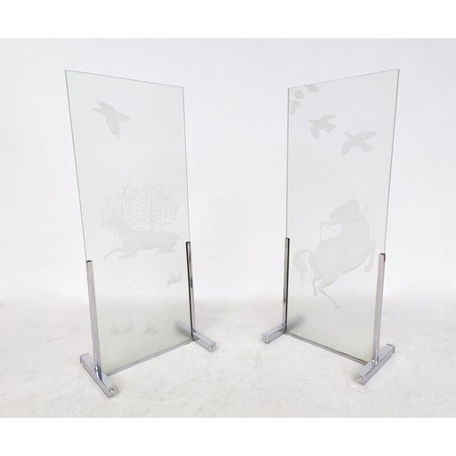Pair of mid-century engraved glass panels, 1950s