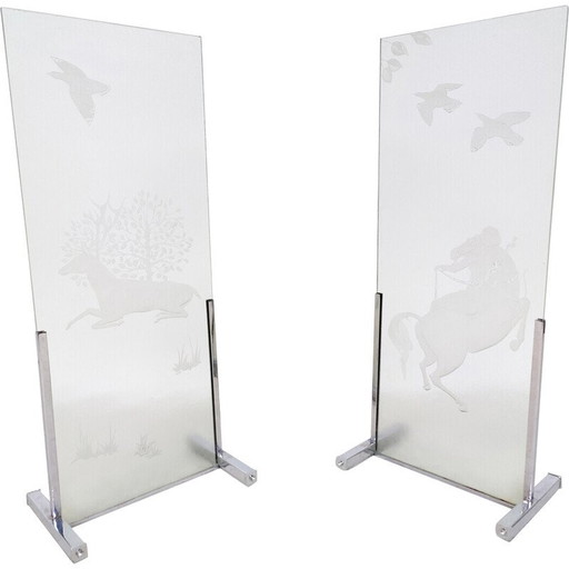 Pair of mid-century engraved glass panels, 1950s