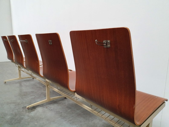 Image 1 of teak plywood church pew 60s 5 seater