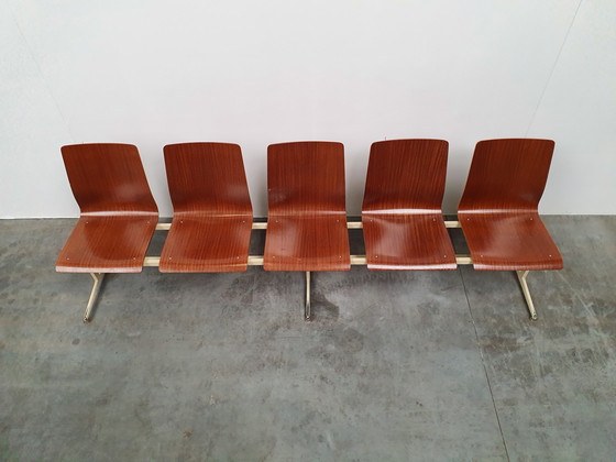 Image 1 of teak plywood church pew 60s 5 seater