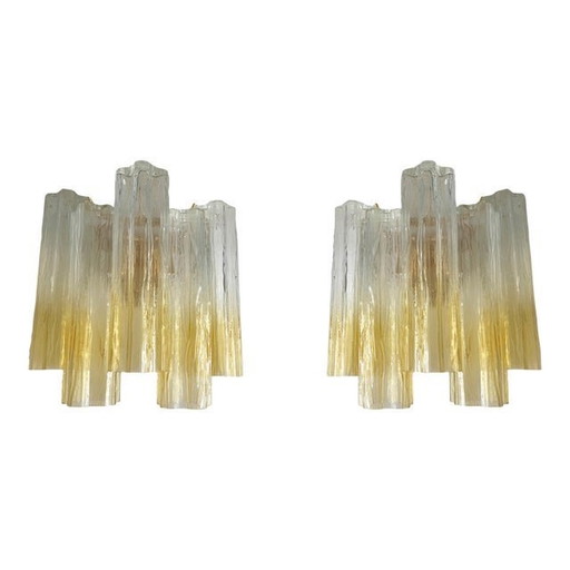 Pair Of Vanished-Clear Amber "Tronchi" Murano Glass Wall Sconces In Venini Style