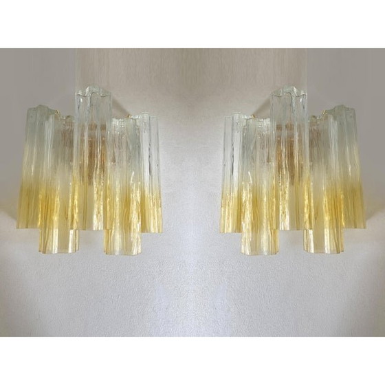 Image 1 of Pair Of Vanished-Clear Amber "Tronchi" Murano Glass Wall Sconces In Venini Style