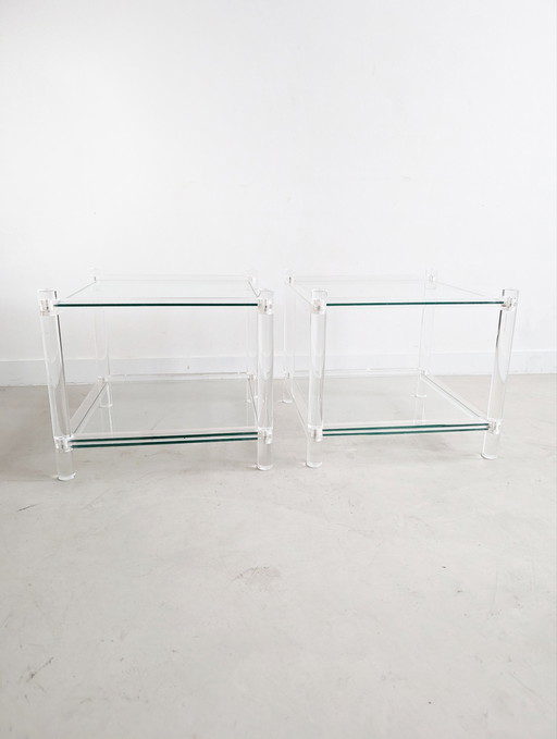 Set Of 2 Glass & Acrylic Side Tables 1980'S