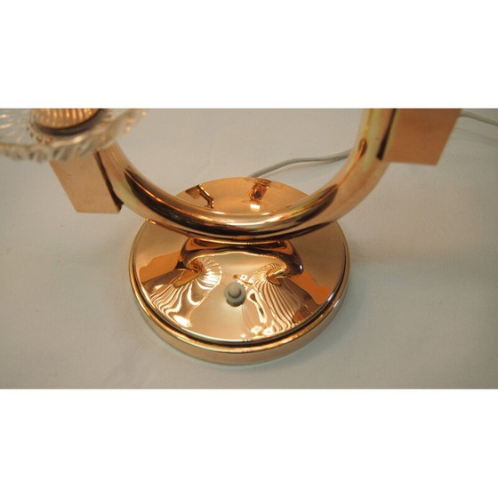 Image 1 of Pair of vintage frosted glass and brass lamps by Genet and Michon, 1940