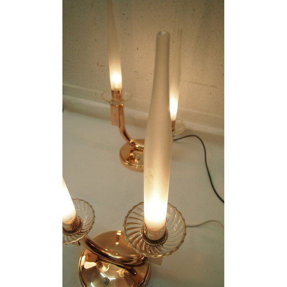 Image 1 of Pair of vintage frosted glass and brass lamps by Genet and Michon, 1940