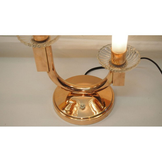 Image 1 of Pair of vintage frosted glass and brass lamps by Genet and Michon, 1940