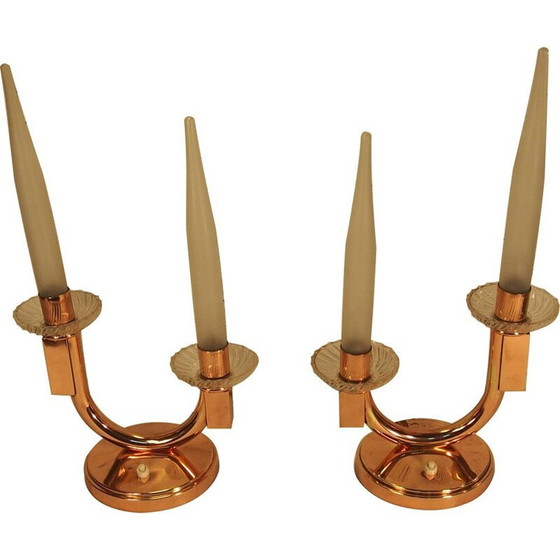 Image 1 of Pair of vintage frosted glass and brass lamps by Genet and Michon, 1940