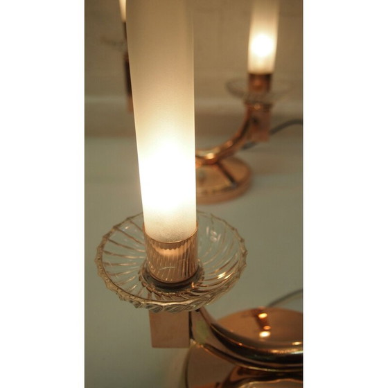 Image 1 of Pair of vintage frosted glass and brass lamps by Genet and Michon, 1940