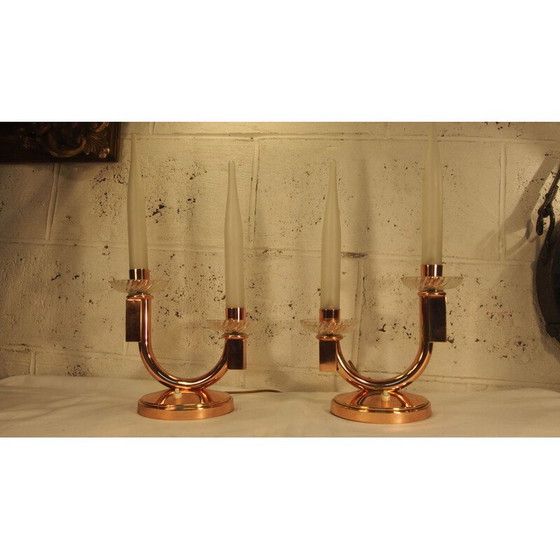 Image 1 of Pair of vintage frosted glass and brass lamps by Genet and Michon, 1940