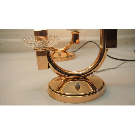 Image 1 of Pair of vintage frosted glass and brass lamps by Genet and Michon, 1940