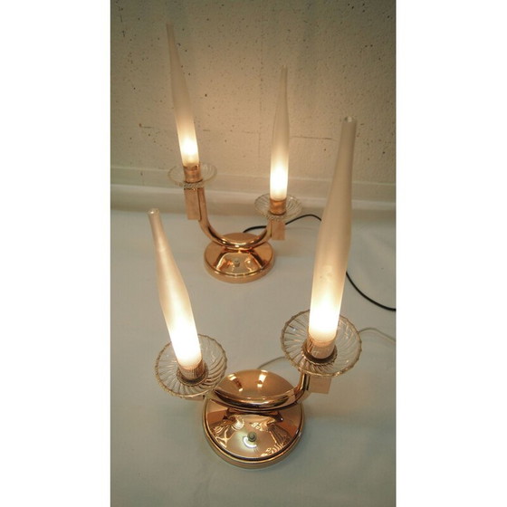 Image 1 of Pair of vintage frosted glass and brass lamps by Genet and Michon, 1940